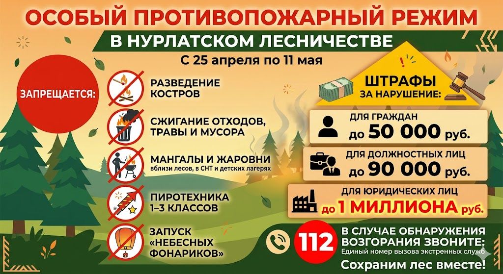 Особый противопожарный режим в Нурлатском лесничестве: запреты и штрафы до 1 млн рублей