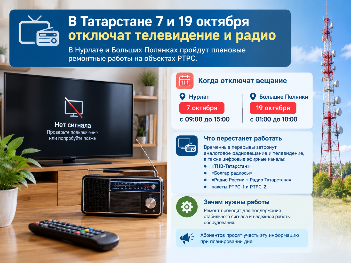 В Татарстане 7 и 19 октября отключат телевидение и радио