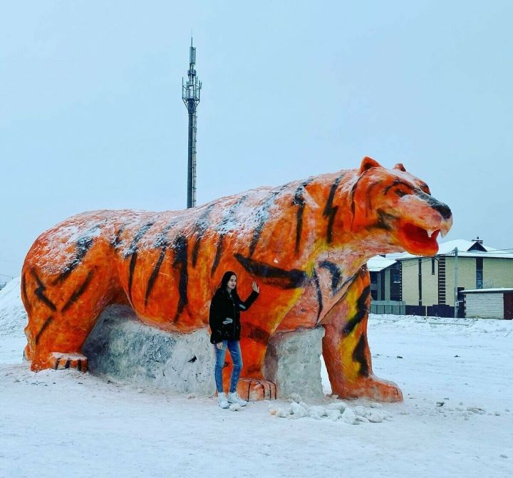 В Зеленодольском районе из снега слепили фигуру тигра высотой более трех метров