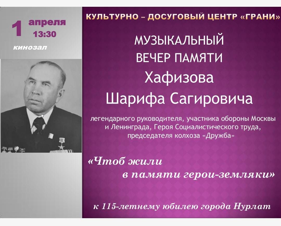 В Нурлате состоится музыкальный вечер памяти Героя Социалистического Труда Шарифа Хафизова