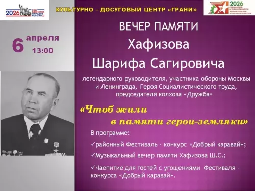 В Нурлате пройдет вечер памяти, посвященный памяти Шарифа Хафизова