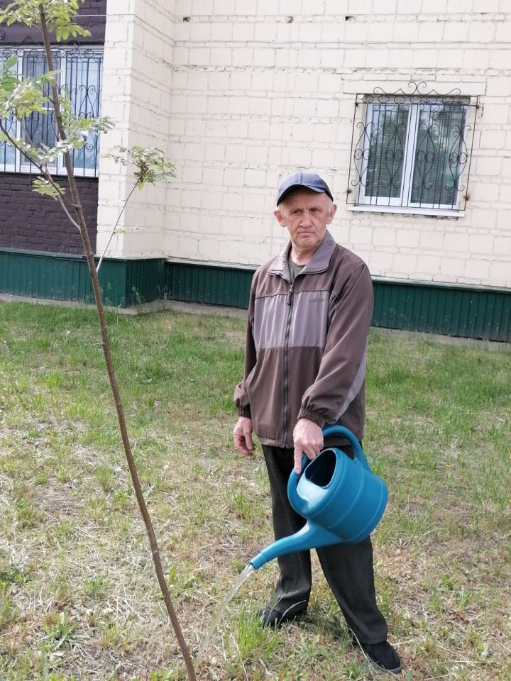 Подопечный Нурлатского дома для инвалидов и престарелых Рамис Мухаметзянов ухаживает за саженцами